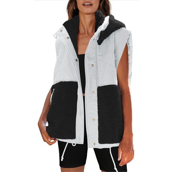 NEW Oversized Quilted Vest Color Block Fleece Vest Pockets XL NO HOOD - Picture 2 of 5